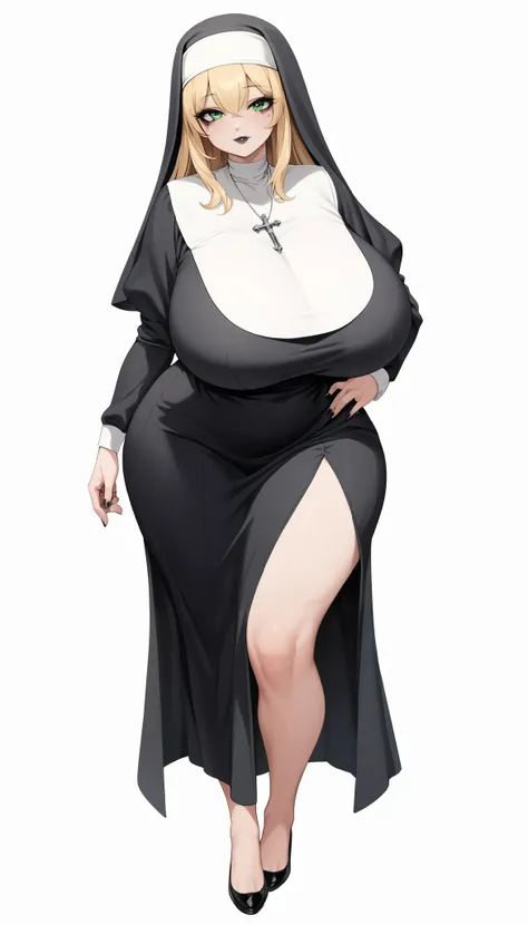 1 woman, middle aged, tall, cute anime woman face, perfect body proportions,  mature body, huge massive breasts, giant large ass, giant hips, huge absurdly thick thighs, green eyes, looking at viewer, long blonde hair, goth makeup, wearing normal formal nu...