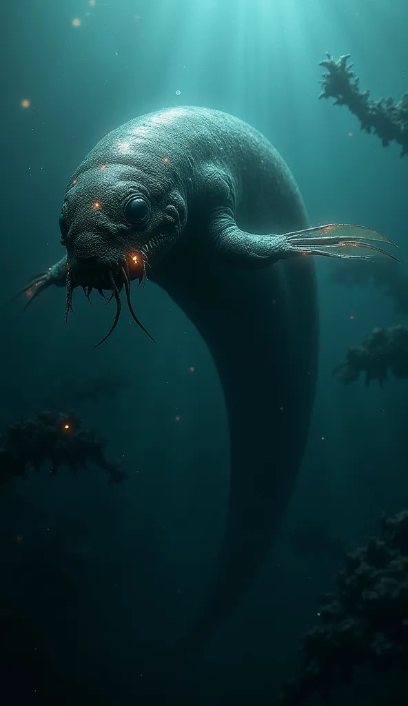 "A never-before-seen mutant creature lurking in the abyssal depths of the ocean, its massive, streamlined body covered in rough, scarred, and bio-adaptive skin that shifts in color to blend with the pitch-black surroundings. Its elongated, eel-like form mo...