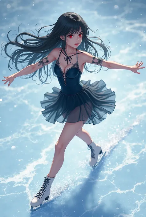 Create a picture of an anime girl with long black hair and red eyes she is figure skating her look is mysterious. She is wearing tight clothes