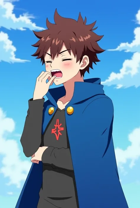  Anime style. Anime 25 year old muscular guy with brown hair. It's against the blue sky. He covers his mouth with his hand and yawns because he's bored. The guy is wearing a blue magic cloak, the guy is bored