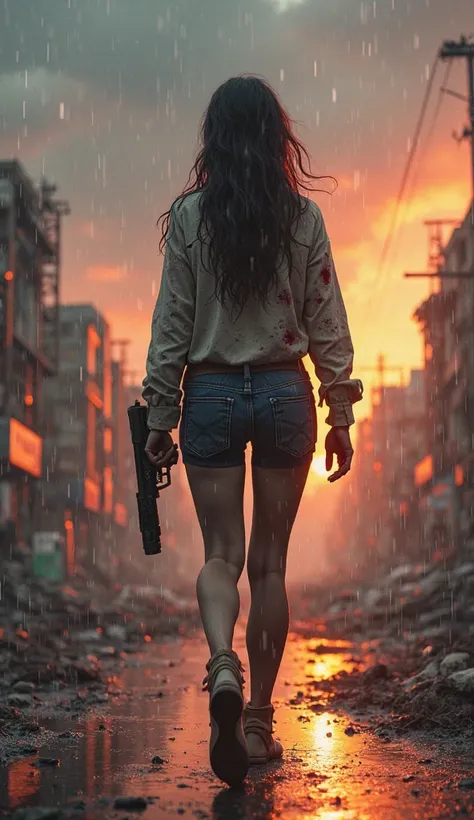 a girl in dirty and bloody clothes with a gun in her hand in a destroyed city of zombie apocalypse in the rain a , strategically placed in a clear sky with fading sunset tones, background, artistic caricature, detailed realism, low angle view, Ultra HD dig...