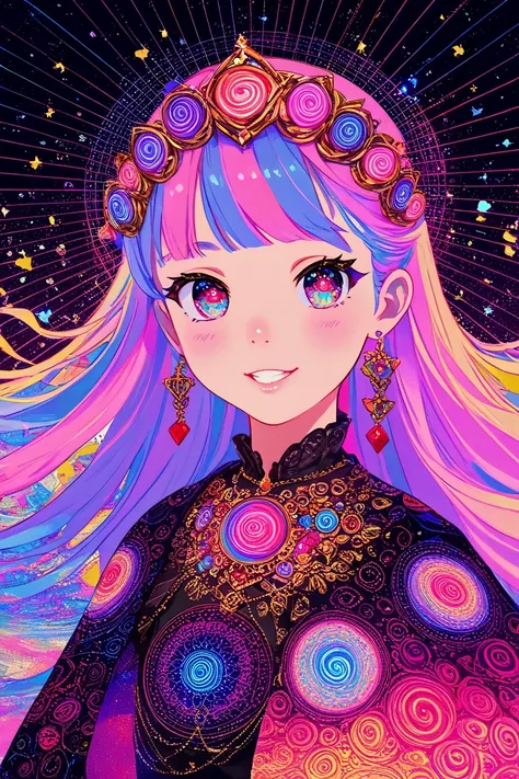  psychedelic mandala , cute girl on the left, colorful, 8k, very detailed, photorealistic, complicated, mystical mandala, pastel girls, Mysterious, Shine,  magical aura,   flowing hair,  kind expression, soft lighting, Fantasy Scenery, Mysterious Atmospher...