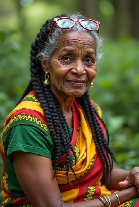 Ethiopian woman age 60 to 70 wearing green yellow red Ethiopian cultural clothing sitting in a garden to read a story for ren her eye contact to the screen wearing eye glass and her hair braided 