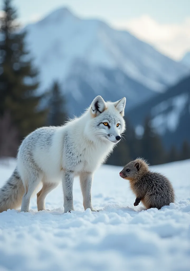 A realistic and cinematic image, with sharp focus and full body, showing an adult snow fox, female, de pelagem branca impecável com leves tons de gray prateado nas pontas, penetrating amber eyes and an alert expression, standing in an elegant posture and s...