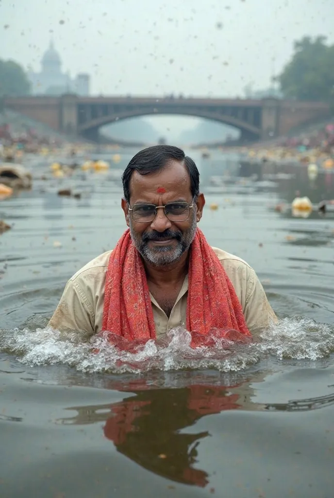 Create an image of Delhi Chief Minister Arvind Kejriwal taking in is famous scarf and transparent sqaure glass a bath in the polluted Yamuna River in Delhi. The river should appear dark and filled with visible pollutants like foam, plastic waste, and debri...