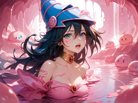 Black Magician Girl、Pink Slime Girl 、pink slime、pink slime-like liquid that also hides your face、Captured、Be enveloped、 face of pain、pink cave background