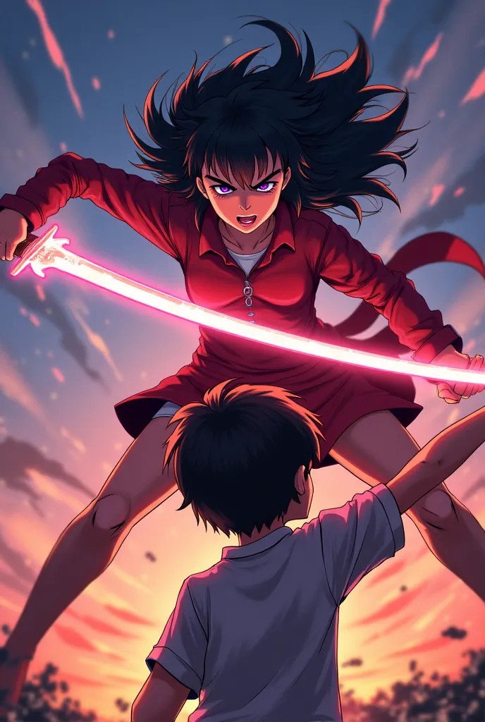 Prompt:
(A fierce-looking girl lands in front of the boy, holding a glowing sword. Her hair flows dramatically, and she looks confident.) Anime manga style 