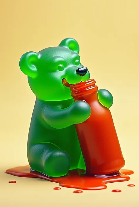 Gummy bear eating a bottle of chamoy, color green, Style 2d, That it is stained with the chamoy that it is eating