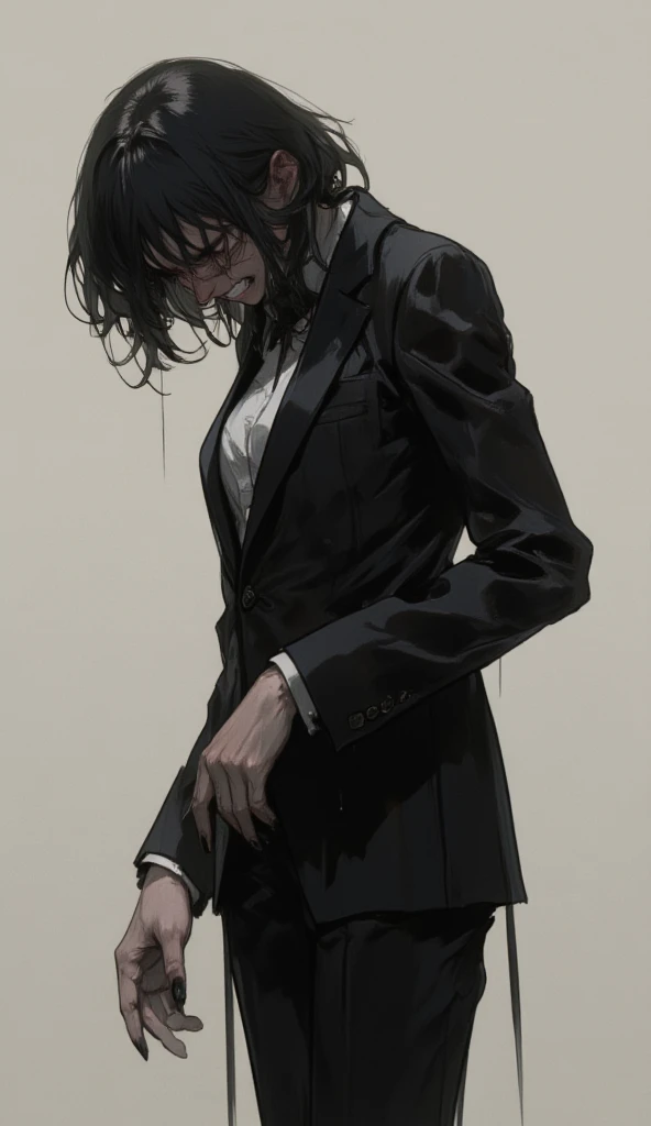 girl bent pose of pain,wear formal suit