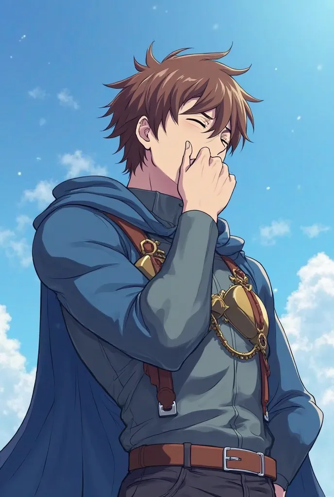  Anime style. Anime 25 year old muscular guy with brown hair. It's against the blue sky. He covers his mouth with his hand and yawns because he's bored. The guy is wearing a blue magic cloak, the guy is bored