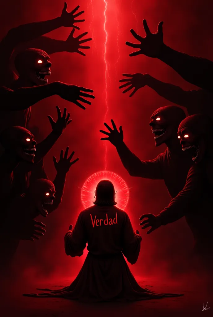 
“A dark and eerie scene with a red and black color scheme. In the center, Jesus Christ is kneeling, holding a glowing Bible that emits a powerful divine light. The word ‘Verdad’ is written on His robe, symbolizing truth. Multiple demonic hands, shadowy an...