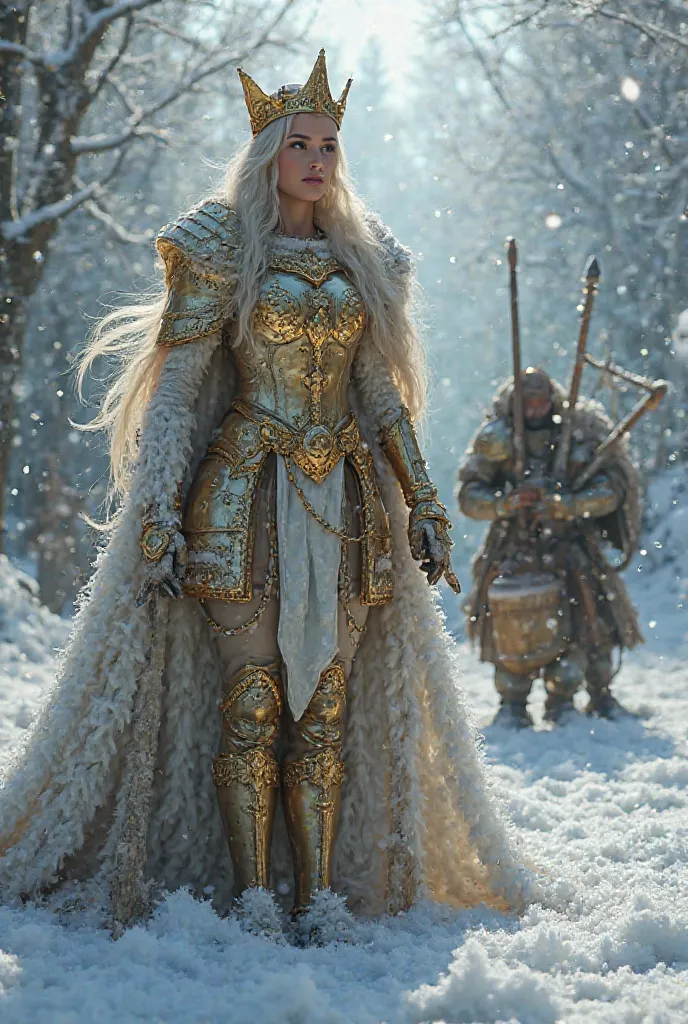 Everything is frozen .There is a beautiful queen who wears shiny gold armor. She has one leg placed on a drum and the other two hands are holding the war horn that makes sound. Around him is a soldier playing the bagpipe ,Another soldier plays the flute an...