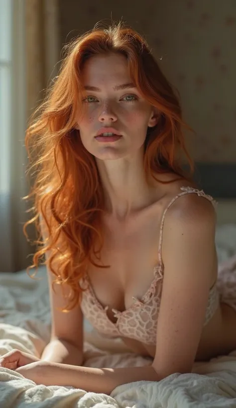 "A 21-year-old girl with extremely fair and delicate skin, presenting light freckles on the nose and cheekbones.  Your hair is long , voluminous and wavy in the beach waves style, vibrant redheads with golden and copper reflections,  that falls softly over...