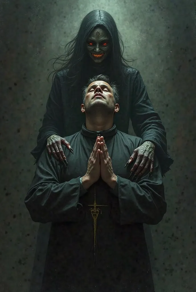 Portrait of a priest with his hands clasped in prayer while a female demon hovers behind him and places her hand on his shoulder. Horror style art