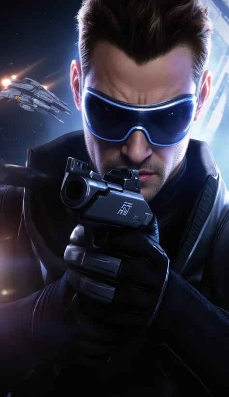 ((Precise)) ((Lore Accurate)) ((Accurate)) ((Masterpiece)) ((Hyperrealistic)) Mass Effect Male character, N7 Agent with a transparent helmet visor, aiming with a "N-7 Eagle Pistol". Background is a space dropship.