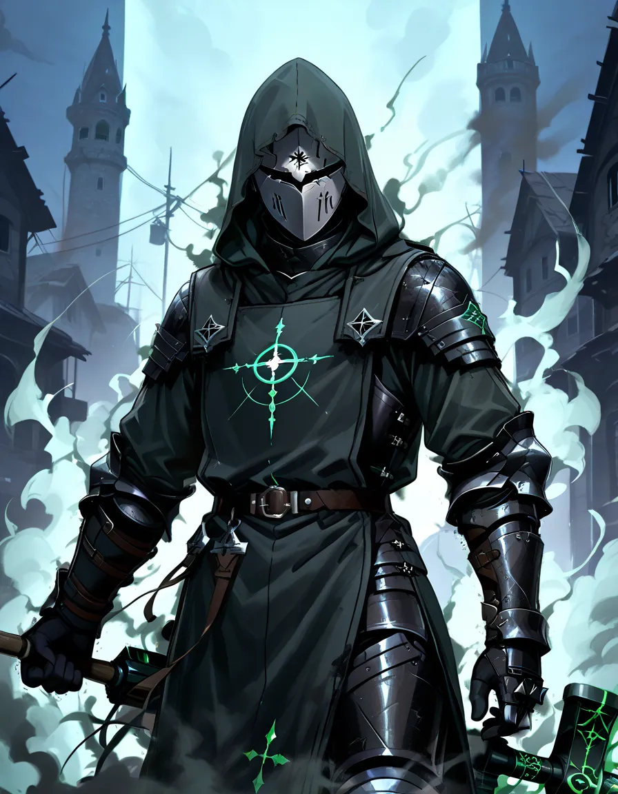 arm0rs3nt1n3l, A female wearing a tight green tabard that has a hollow triangle shape on it, [medium breasts], wearing a featureless white mask beneath a green hood,  dark green glow from inside the helmet, Knight gauntlets in dark metallic armor with unde...