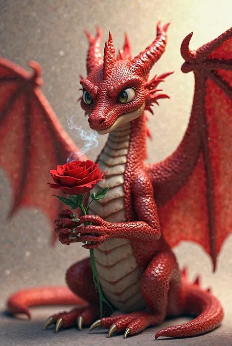 A realistic red dragon hold a red rose in its hands with no background 