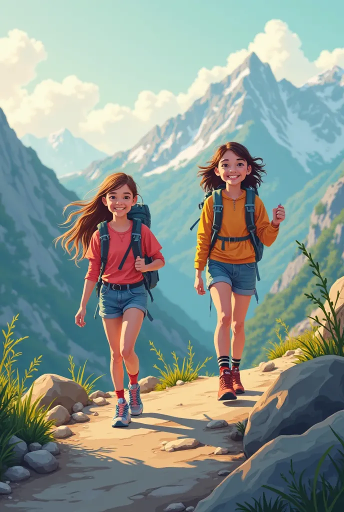 Girls with backpacks climbing mountains. Smiles on their faces. Dim sunlight.
Features: Vector style, harmonious combination of colors, slightly cartoonish style (10-20%), modern style, clear lines and contrast, high resolution in 4K. Front view.