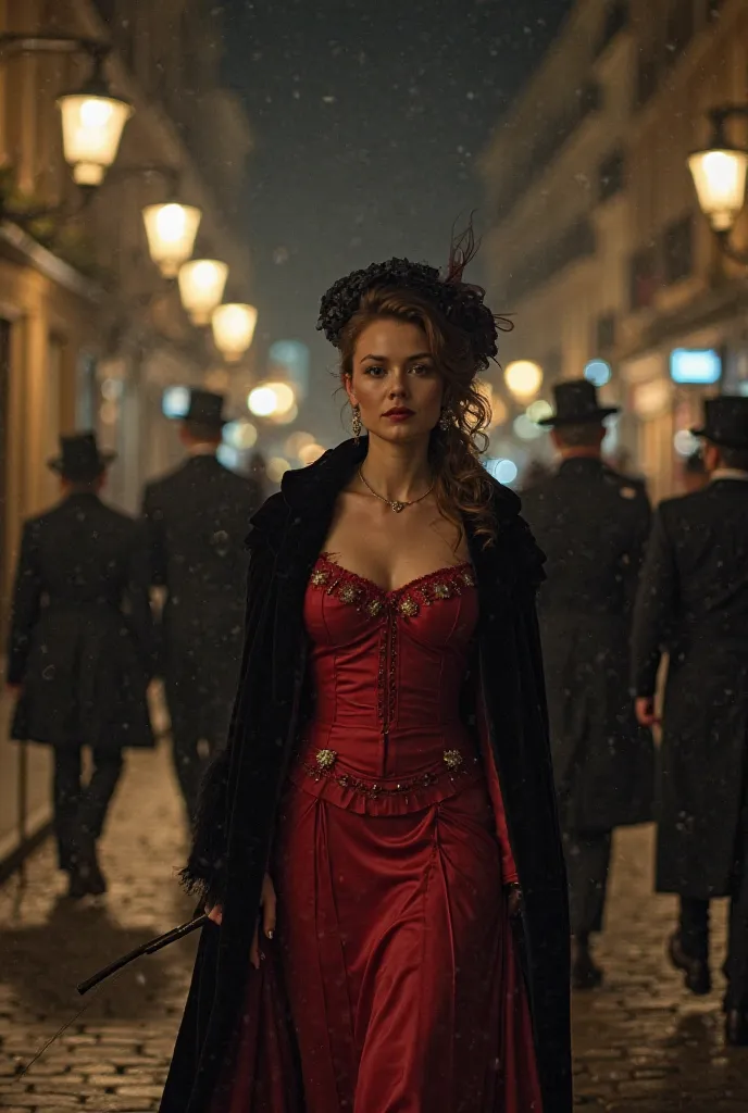 Night scene in the 19th century: a beautiful and elegant courtesan walks the streets illuminated by gas lamps, wearing a luxurious red dress and a black velvet cape. Men wearing hats and walking sticks observe her with interest, while she keeps a distant a...