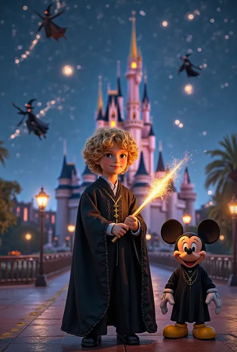 the cinematic cover scene of a movie called "Henry, the prince" The scene of a  boy curly haired golden blonde, em frente ao castelo magic kingdom da disney, starry night, Comets and bright, magic castle with witches flying over as far as the eye can see. ...