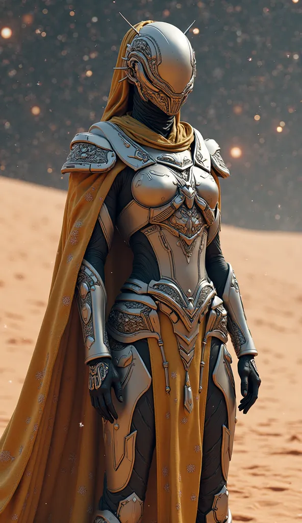 Futuristic isolation on background this item has been accepted Warframe mask female queen Armor standing body desert galaxy space 