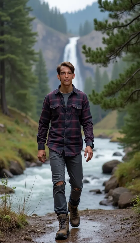 full-length photo of a young man with tanned skin tone, facial details, skin texture, and straight hair styled with a side parting. Wearing a long-sleeved plaid shirt in a combination of dark purple and dark gray, wearing ripped dark gray long jeans, weari...