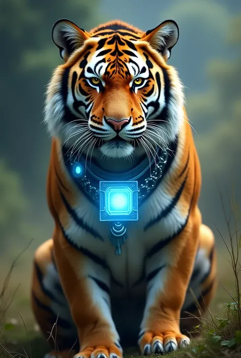 Generate a realistic image of a tiger wearing a sky blue necklace with a light blue square device/white that allows him to talk to animals  