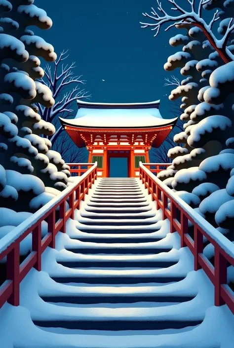 snowy steps leading to a shrine in the night, a picture by Torii Kiyomasu II, pexels, ukiyo-e, inari shrine, kyoto japan setting, japan at night, japanese shrine, kyoto inspired, japan deeper travel exploration, shinto shrine, glowing snow, leading to a be...