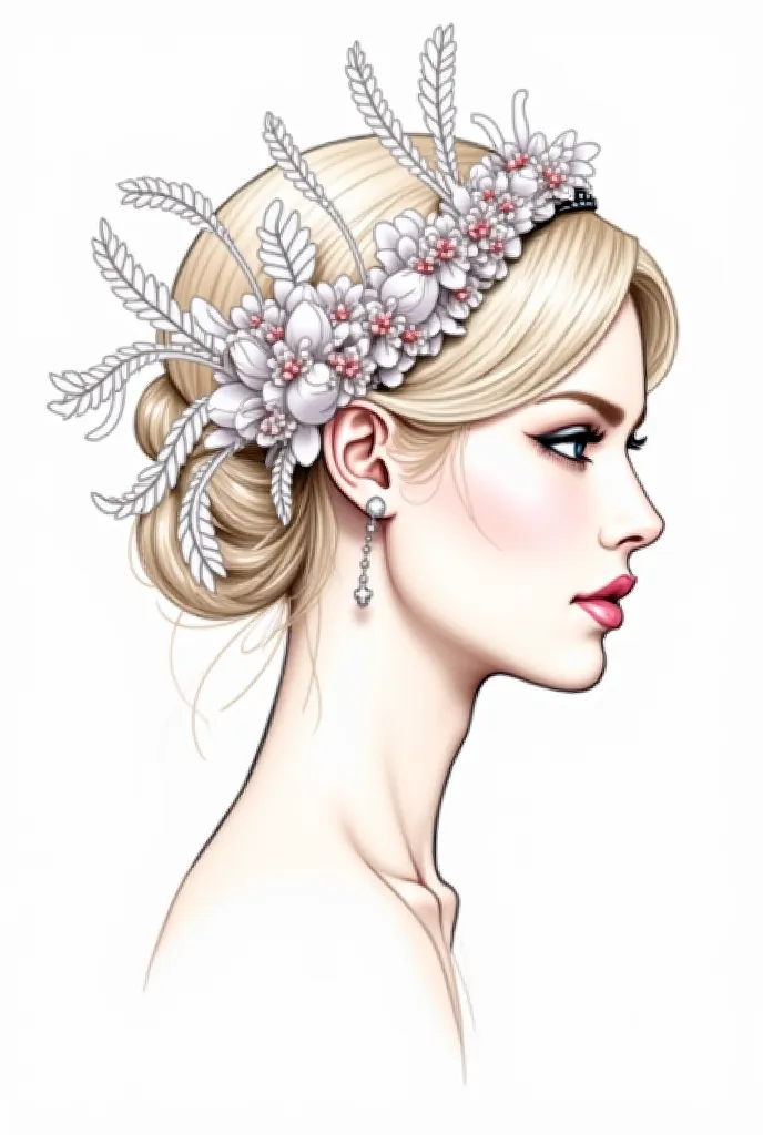 generate a fashion design sketch of lace head band with feathers and bows on it