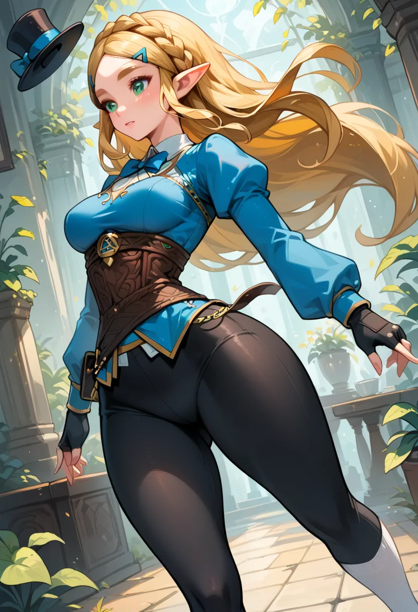 (extremely fine and beautiful:1.1), (perfect details:1.1), (finely detailed eyes and detailed face:1.3), ZeldaSDXL, Princess Zelda, narrow hips, medium breasts, slender thighs, small ears, pointy ears, braid, hair ornament, hairclip, gloves, black gloves, ...