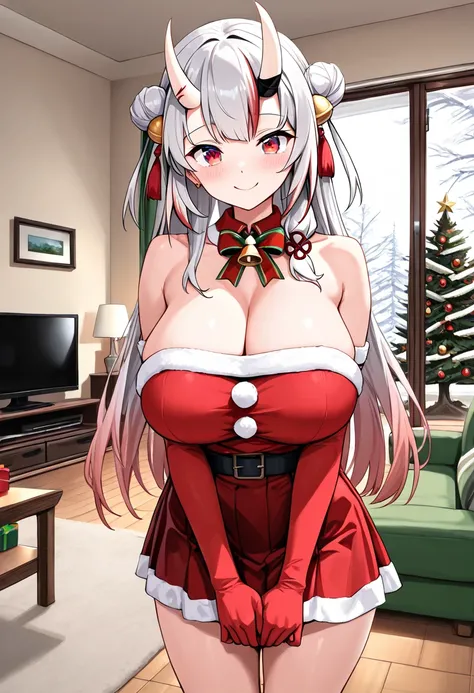 (Highest quality , 8k , masterpiece , incredibly absurdres , perfect body , super detailed skin , highly detailed eyes and face , 1 woman ) ,  nakiri ayame , Silver Hair , red eyes , demon horn , smile ,  will be happy , ( Christmas costume , skirt , livin...