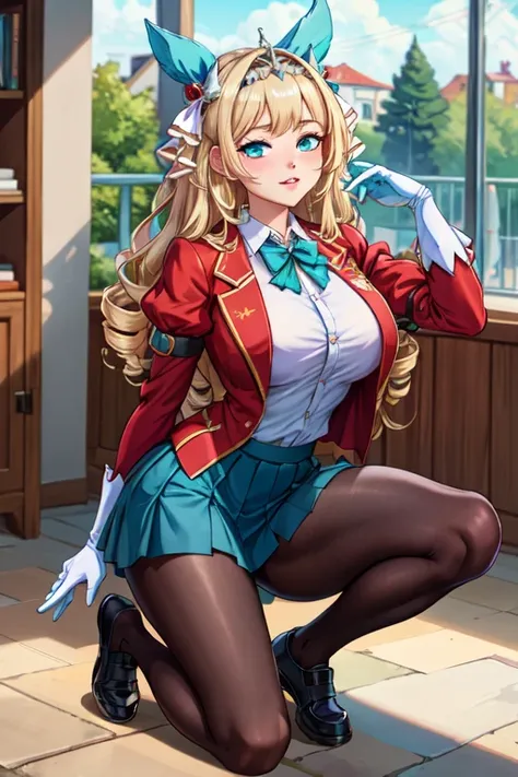 (masterpiece, best quality, absurdres, 4k, aesthetic, detailed, intricate),1girl,nikkecrwn,tiara, hair ribbon, long blonde drill hair, drill locks,  school uniform, blazer, red blazer, bow, bowtie, collared shirt, jacket, long sleeves, pleated skirt, schoo...