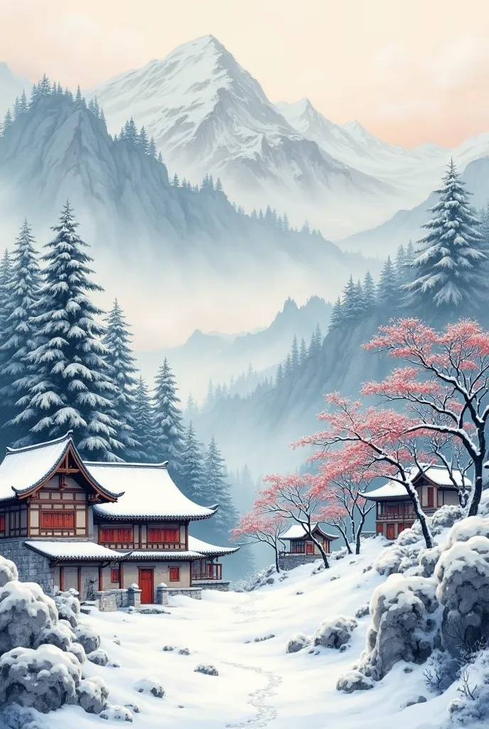 Please help me generate a creative ink and Chinese painting style freehand landscape painting，The picture uses a c-shaped composition，It has a charm，Strong sense of atmosphere，There are mountains ，Trees，and traditional houses，It is best to choose winter，sn...