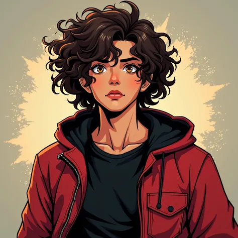  a 16-year-old ager, man, strong,  young,  attractive, American,  with Latin features , a lot of energy , bright amber eyes, a black flannel with a red jacket on top with a hood on the back, She wears curly hair,  comic-style viewer 