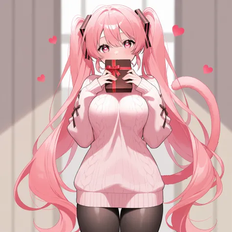 、   best thighs、  beautiful skin、High Resolution、  Sweater clothes 、 pink hair、salmon pink eyes、  black tights、cat tail、Beautiful breasts、E Cup、 Valentine、 Heart Eyes 、illustrations、Kiss、 Hatsune Miku