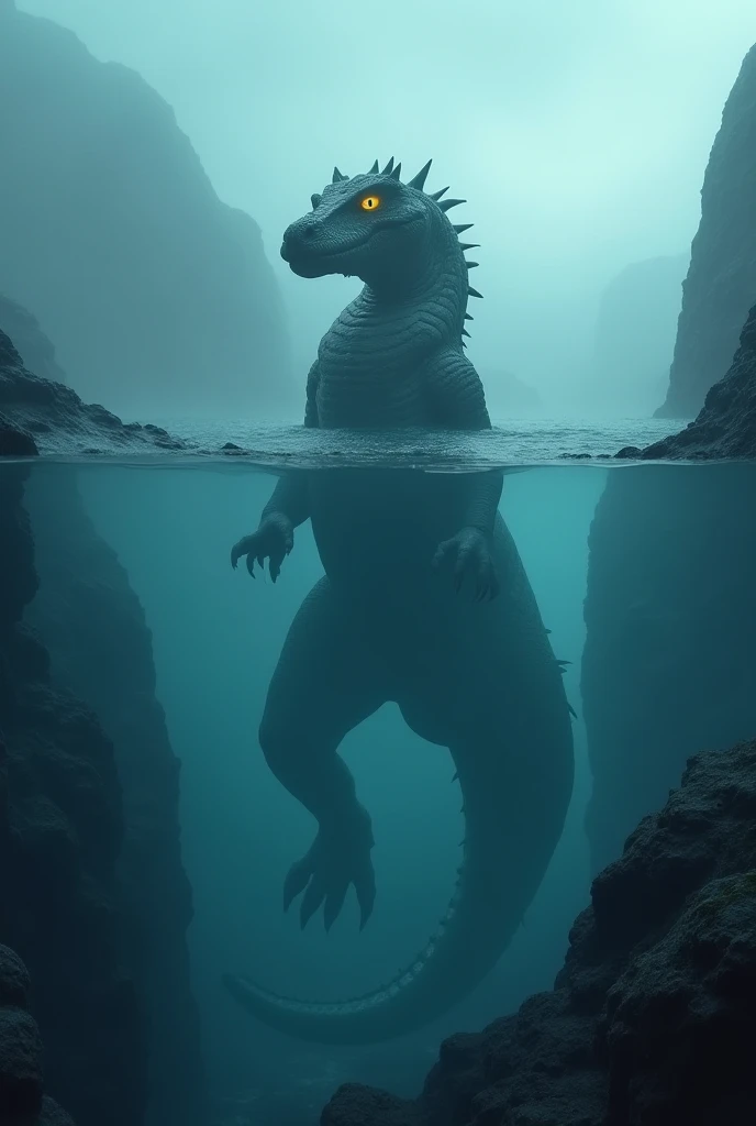 I want a photo about وحش لوخنيس

I want his shape to appear underneath the water with its eyes glowing

The monster is a sea monster between reptile and a dinosor

There are some fog and thé water is between to mountains

The whole monster is underneath th...