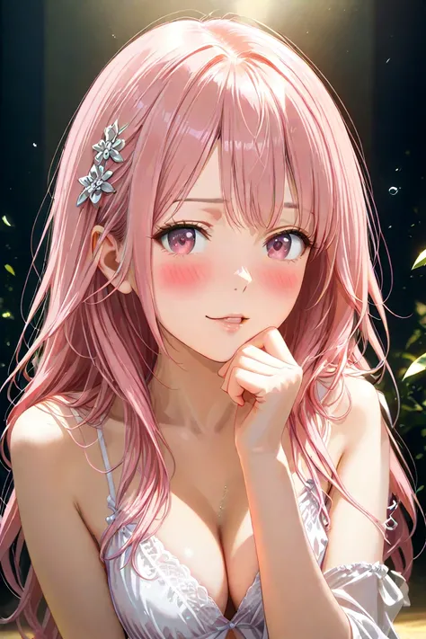  human girl、has blushing cheeks、sexy expression、 hair is pink、