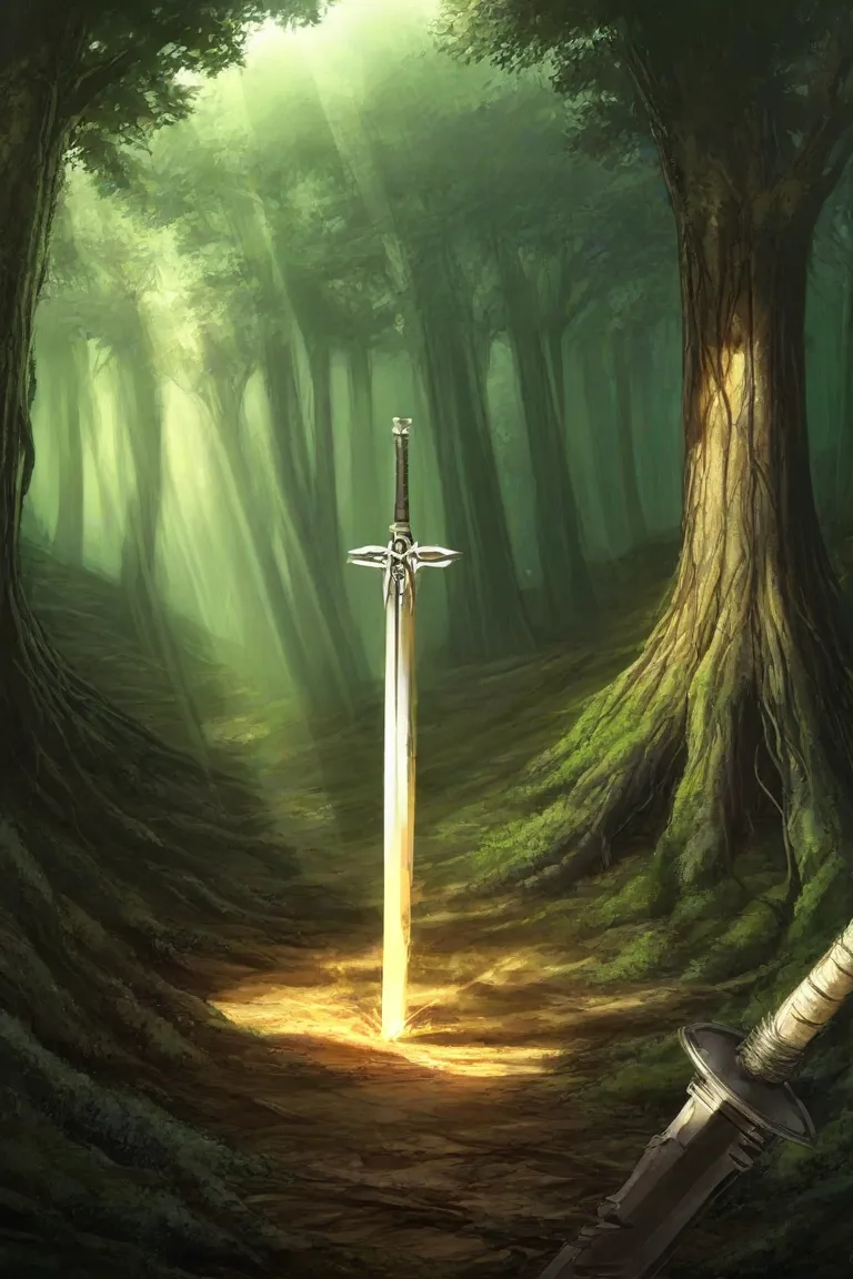 A sword stuck in the ground in the middle of a forest