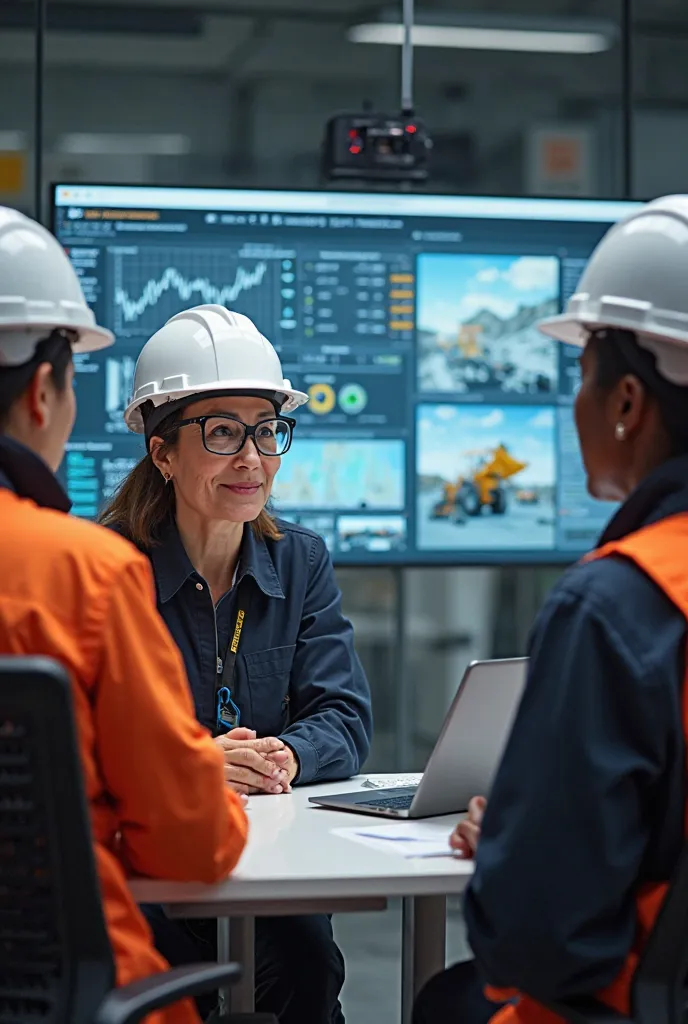 image, as realistic as possible, in which, in the foreground, is seen on the left side, to a 50-year-old Caucasian engineer, dressed with their safety implements, including her white safety helmet, talking to a 30-year-old engineer with physical characteri...