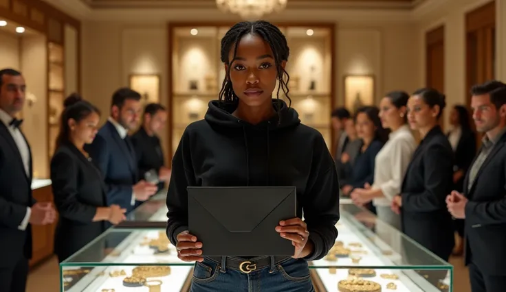 A wealthy Black woman stands confidently in the center of a luxurious jewelry store, holding a sleek black envelope. The store is lavishly designed with glass display cases filled with sparkling diamond necklaces and gold bracelets. Sales associates and we...