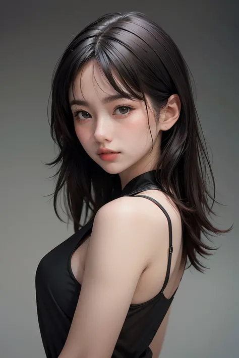 Best quality, masterpiece, ultra high res, (photorealistic:1.4), raw photo,1girl, solo, realistic, looking at viewer, upper body,simple gray background, black dress,