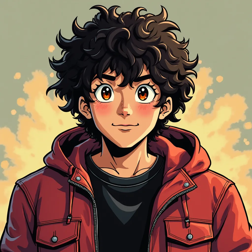  a 16-year-old ager, man, strong and chubby,  young,  attractive, American,  with Latin features , a lot of energy , bright amber eyes, a black flannel with a red jacket on top with a hood on the back, She wears curly hair,  comic-style viewer 