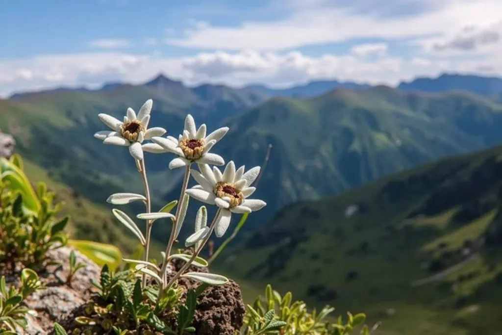 Landscape, a sprig og edelweiss, stand on desert background, blue sky