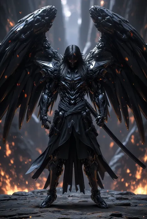  Saint Seiya; Hades, Underworld God;  long black hair, Oriental style, masculine physiognomy, Wearing the Black and Dead Divine Armor, without the, with three pairs of wings spread, similar to a cherub; holding a black sword . scenario: Greek hall in the u...