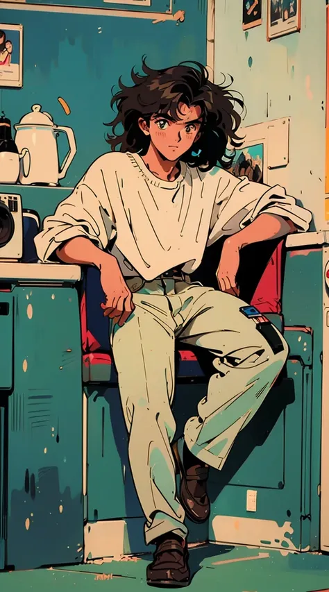 Best Image Quality,  1980s style animation, 30 year old boy,  black curly ,  light brown eyes ,   dark skin , white shirt,   full body , in a cafe , pose, I have a camera . loafers