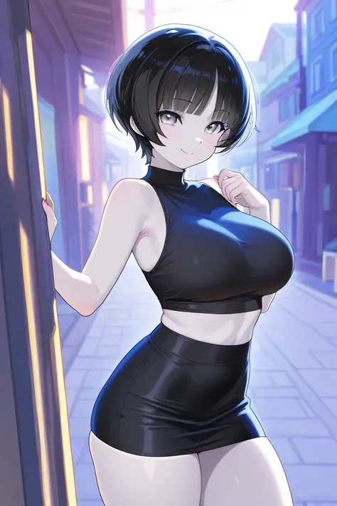  anime girl t-shirt, pale skinned, cosplay short black hair above the shoulders with bangs,  slanted eyes and bluish gray , Small height, big boobs, thick thighs, cosplay de powerpuff girls