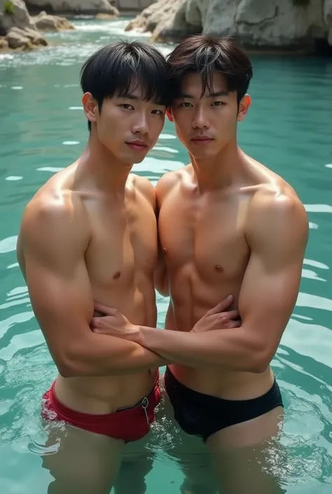 South Korean male swimmers　Gay　wet boomerang pants　couple　open your mouth slightly, smile,  muscular、Fair skin　 from yubi　　 face facing forward