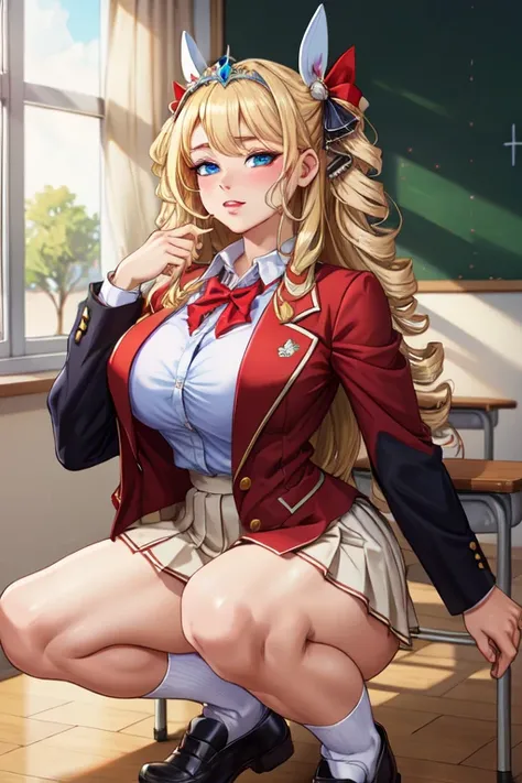 (masterpiece, best quality, absurdres, 4k, aesthetic, detailed, intricate),1girl,nikkecrwn,tiara, hair ribbon, long blonde drill hair, drill locks,school uniform, blazer, red blazer, bow, bowtie, collared shirt, jacket, long sleeves, pleated skirt, school ...