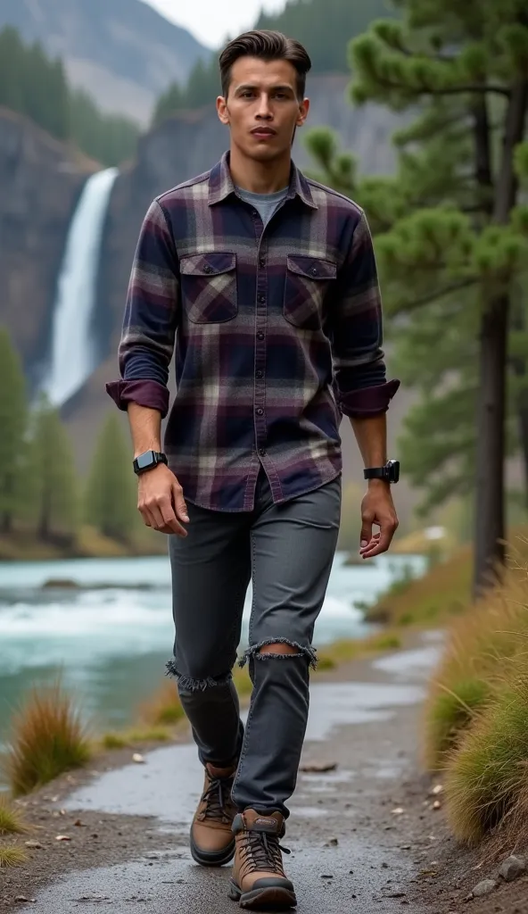 full-length photo of a young man with tanned skin tone, facial details, skin texture, and straight hair styled with a side parting. Wearing a long-sleeved plaid shirt in a combination of dark purple and dark gray, wearing ripped dark gray long jeans, weari...