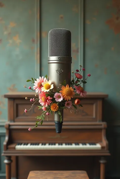 A regular dynamic microphone suspended in the air. Flowers wrapped around it. A single-color grand. Old Iranian art style. Old texture.